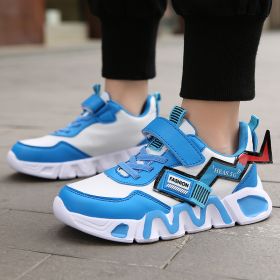 Boys Casual Outdoor Walking Tennis Sneakers Children Breathable Height Increasing Trainers Kids Waterproof Leather Running Shoes (Color: Blue white, size: 31)