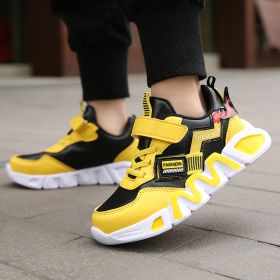 Boys Casual Outdoor Walking Tennis Sneakers Children Breathable Height Increasing Trainers Kids Waterproof Leather Running Shoes (Color: Yellow Black, size: 30)