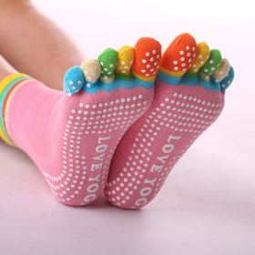 1pair Rainbow Color Non-slip Towel Bottom Yoga Socks, Cozy 5 Toes Split Knitted Calf Crew Socks, Women's Yoga Socks (Color: Color Toe Pink, size: One-size)