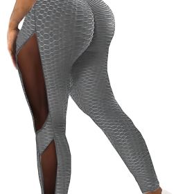 Honeycomb Mesh Contrast Leggings, Sporty Skinny High Waist Lifting Yoga Leggings, Women's Clothing (Color: Grey, size: M(6))