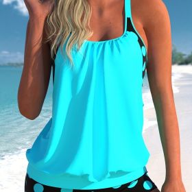 Plus Size Casual Swimsuit Set, Women's Plus Colorblock Dot Print Cut Out Round Neck Cami Top & Shorts Bathing Suit Two Piece Set (Color: Cyan, size: 4XL(20))