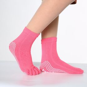 1pair Rainbow Color Non-slip Towel Bottom Yoga Socks, Cozy 5 Toes Split Knitted Calf Crew Socks, Women's Yoga Socks (Color: Rose Red, size: One-size)