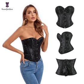 Sexy Women Steampunk Clothing Gothic Plus Size Corsets Lace Up Boned Overbust Bustier Waist Cincher Body Shaper Corselet S-6XL (Color: 883 black, size: XXL)