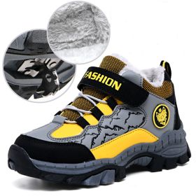 FLARUT Kids Winter Shoes Boys Hiking Shoes Plus Fur Warm Sport Running Shoes Waterproof Non-slip Outdoor Soft Climbing Sneakers (Color: yellow snow boot boy, size: 5.5)