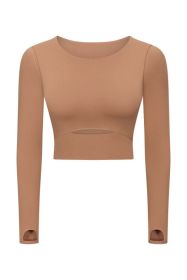 Cut Out Front Crop Yoga Tee (Color: Brown, size: 12)