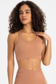 Crisscross Back V-Neck Sports Bra (Color: Camel, size: 12)