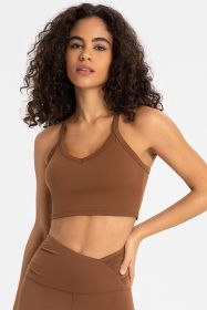 Crisscross Back V-Neck Sports Bra (Color: Chestnut, size: 8)