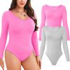 Women Long Sleeve Bodysuits 2 Pack, V Neck Sexy Tops with Ribbed Seamless Design