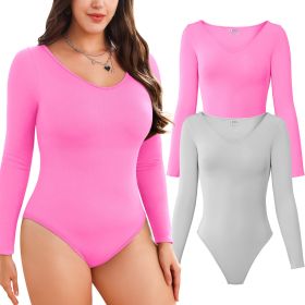 Women Long Sleeve Bodysuits 2 Pack, V Neck Sexy Tops with Ribbed Seamless Design (Color: LightGrey+Pin, size: M)