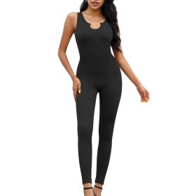 Women Yoga Rompers Workout Ribbed Sleeveless Sport Romper (Color: Black, size: M)