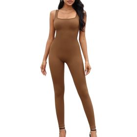 Women Yoga Romper Workout Ribbed Sleeveless Sport Stretch Jumpsuit Playsuit (Color: Coffee, size: M)