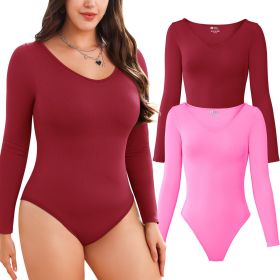 Women Long Sleeve Bodysuits 2 Pack, V Neck Sexy Tops with Ribbed Seamless Design (Color: WineRed+Pink, size: M)