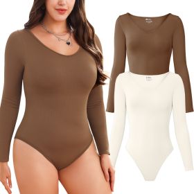 Women Long Sleeve Bodysuits 2 Pack, V Neck Sexy Tops with Ribbed Seamless Design (Color: Coffee+Beige, size: M)