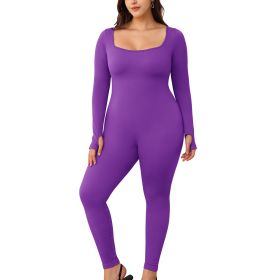 Womens Yoga Jumpsuits Workout Ribbed Long Sleeve Sport Jumpsuits (Color: DeepPurple, size: S)