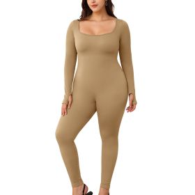 Womens Yoga Jumpsuits Workout Ribbed Long Sleeve Sport Jumpsuits (Color: LightCoffee, size: L)