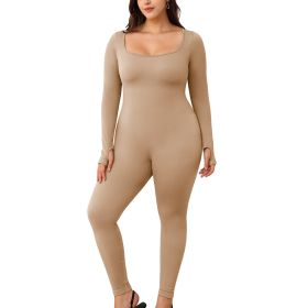 Womens Yoga Jumpsuits Workout Ribbed Long Sleeve Sport Jumpsuits (Color: KhakiBeige, size: M)