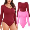 Women Long Sleeve Bodysuits 2 Pack, V Neck Sexy Tops with Ribbed Seamless Design