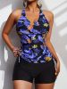 Tropical Print Round Neck Tankini Sets, Drawstring Straps Boxer Short Bottom Two Pieces Swimsuit, Women's Swimwear & Clothing