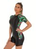 Short Sleeve Tropical Floral Print Zipper Swimsuit, Crew Neck Patchwork Medium Strech One Piece Bodysuit For Beach Sport Bathing Surfing, Women's Swim